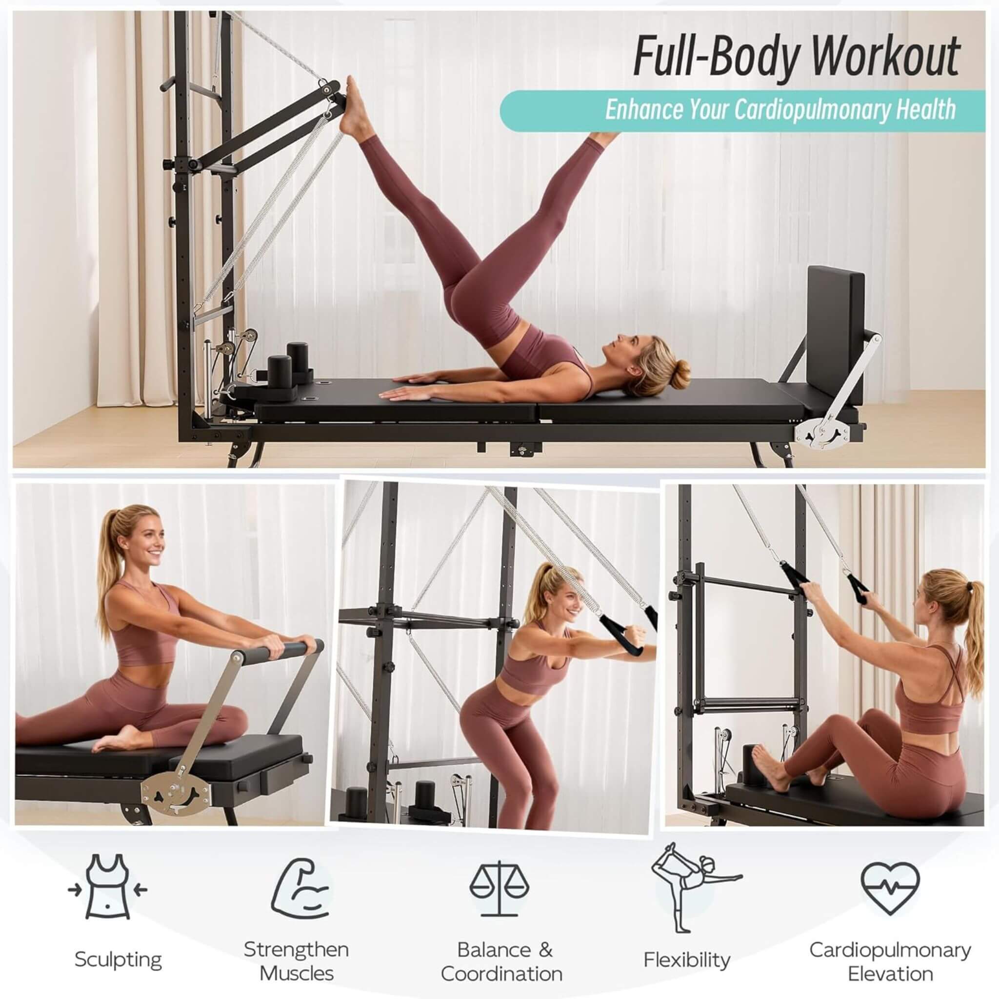 Core Pilates Foldable Dual Resistance Pilates Reformer Machine With To ...